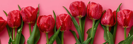Bouquet of red tulips with water drops on a pink backgroundの素材
