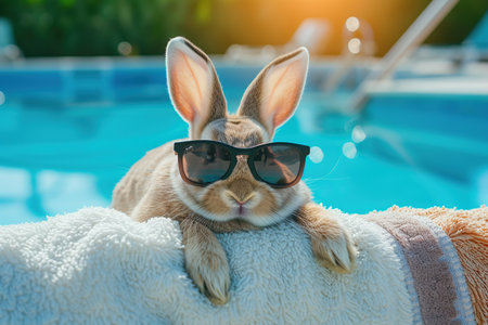 Cute rabbit in sunglasses lying on the edge of swimming pool.の素材