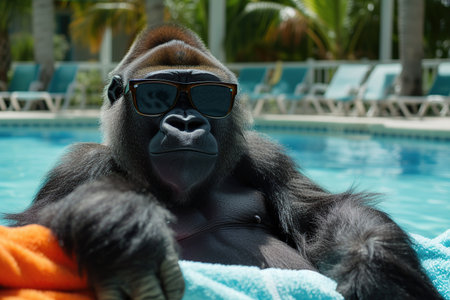 Portrait of a gorilla in sunglasses on a background of the poolの素材