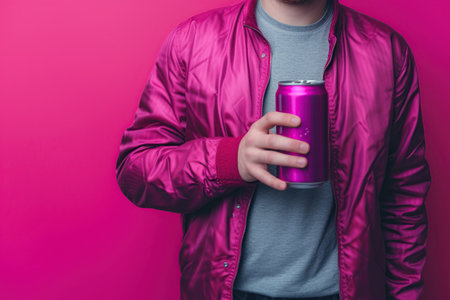 Young man in a pink jacket holds a can of soda on a pink backgroundの素材