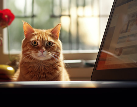 Cute ginger cat with a laptop on the table at home.の素材