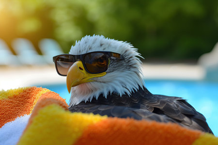 Bald Eagle with sunglasses at swimming pool in sunny summer day.の素材