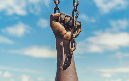 Close up of a man's hand holding a chain on blue sky backgroundの素材