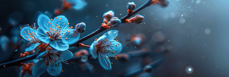 Blossoming branch of cherry on a dark blue background. Copy space.の素材