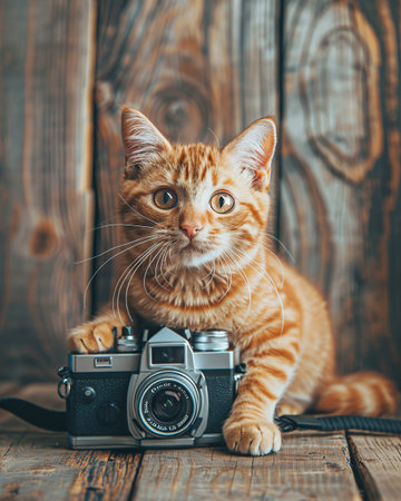 Cute ginger kitten with camera on a wooden background. Photo in old color image style.の素材