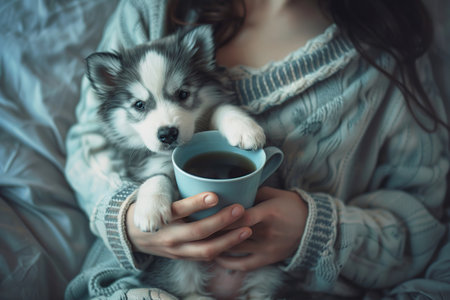 Young woman with a cup of coffee and a puppy of siberian huskyの素材
