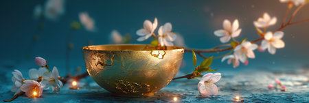 golden bowl with cherry blossoms on blue background, panoramaの素材
