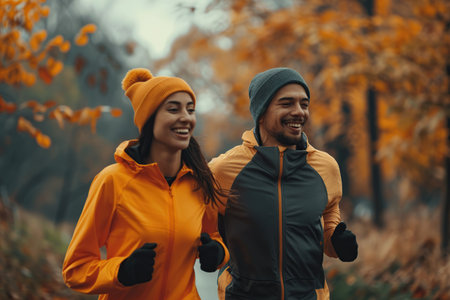 Young couple jogging in autumn forest. Healthy lifestyle and sport concept.の素材