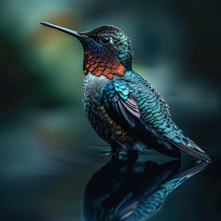 Colorful hummingbird with reflection in water. Wildlife scene from nature.の素材