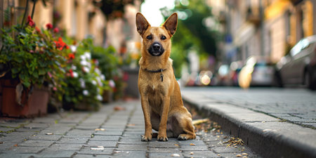 A stray dog sits on the sidewalk in the city. Selective focus.の素材