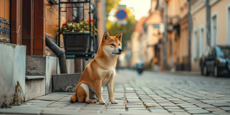 Shiba inu dog sitting on the street. Selective focus.の素材