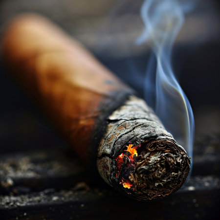 Burning cigar on a dark background. Close-up. Selective focus.の素材