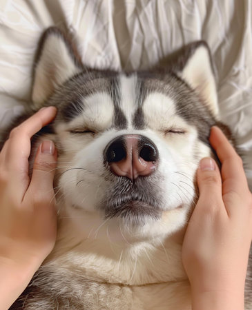 Siberian Husky in the hands of a woman, close-upの素材