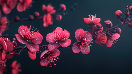 Plum blossom. Beautiful blooming pink flowers on black background.の素材