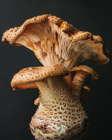 Close up of honey agaric mushroom isolated on black background.の素材