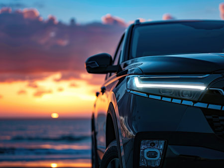 Car on the beach at sunset. Side view. Copy space.の素材
