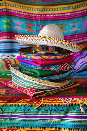 Colorful Mexican sombrero hats on the background of colorful fabricsの素材
