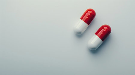 Two red and white capsules on a gray background with copy space.の素材
