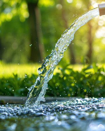 Water splashing from a watering can on a background of green grassの素材