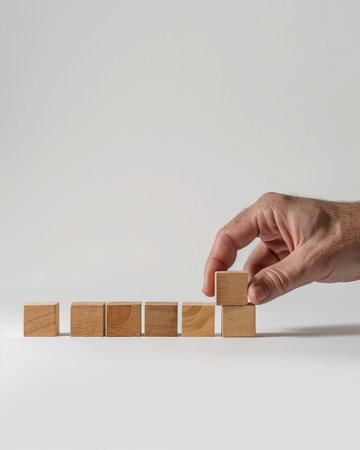 Businessman's hand placing wooden block on top of a chart.の素材