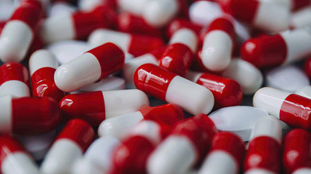 Close up of red and white medical capsules. Focus on foreground.の素材