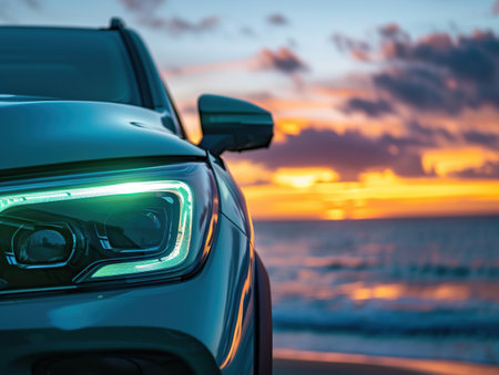 Car headlight on the beach at sunset, car on the beachの素材
