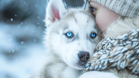 Husky dog with blue eyes being held by a girl in a winter forest.の素材