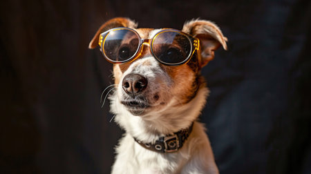 Funny Jack Russell Terrier dog in sunglasses on a dark backgroundの素材
