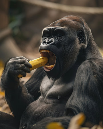 Portrait of a gorilla eating banana in a zoo. Close up.の素材