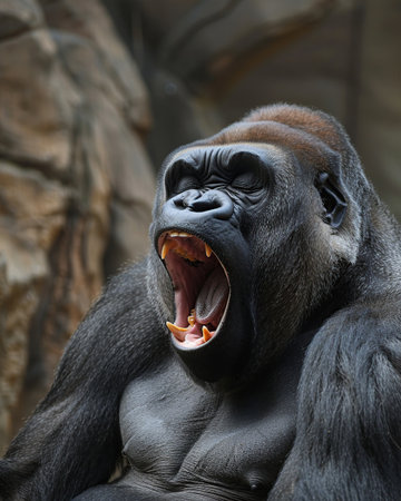 Portrait of a gorilla with open mouth yawning, close-up.の素材