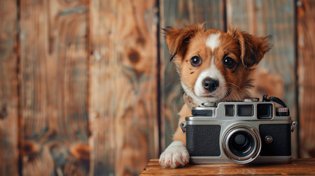 Cute dog with old camera on wooden background. Dog with camera and copy space.の素材