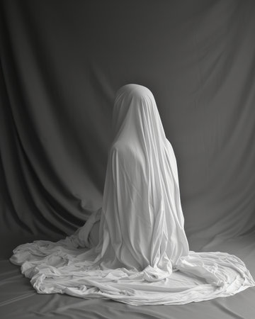 a ghost in a white sheet in a dark room. Halloween ghost spiritの素材