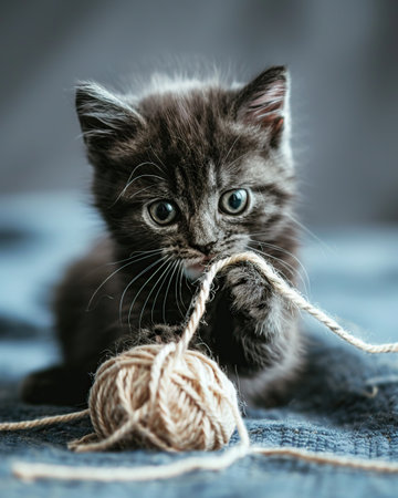 Cute little kitten playing with ball of thread on a blue backgroundの素材