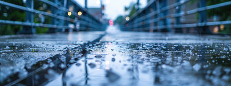 Rain drops on the bridge in the city. Abstract blurred background.の素材