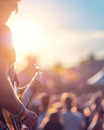 Musician playing electric guitar on stage during live concert at sunset.の素材