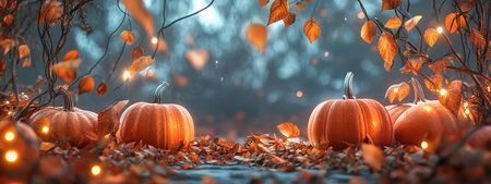 Halloween background with pumpkins and autumn leaves. 3dの素材