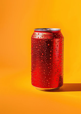 Red soda can with water drops on orange background. 3dの素材