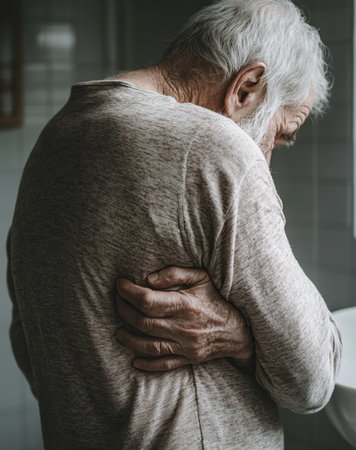 Elderly man suffering from pain in his back in the bathroom.の素材