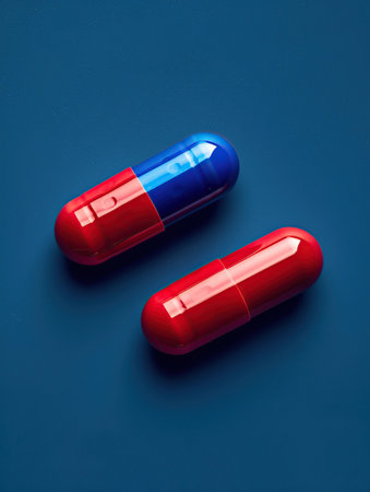 Two red and blue capsules on a blue background. Top view.の素材