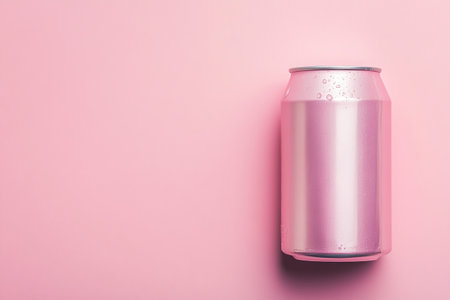 Aluminum pink soda can on pink background, top view, copy spaceの素材