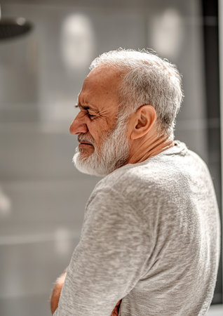 Portrait of an old man with grey hair and beard in a white t-shirt in pain. Medical healthcare conceptの素材