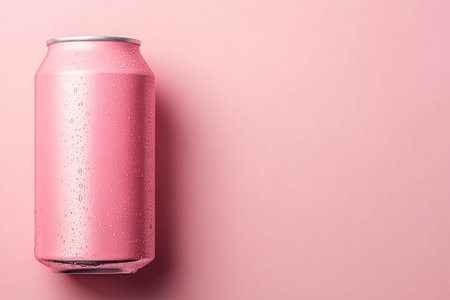 Aluminum can with water drops on pink background, top view. Space for textの素材