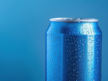 Blue aluminum soda can with water drops on blue background, close upの素材