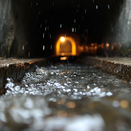 Water flowing from the underground passage in the dark, close-upの素材