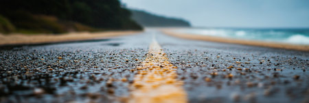 Wet asphalt road on the beach. Horizontal panoramic bannerの素材