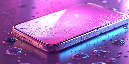 Smartphone with water drops on a purple luminescent lighted background. 3dの素材