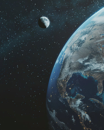 Planet Earth from space with stars and moon.の素材