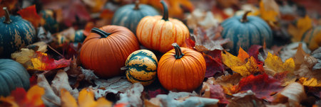 Autumn background with pumpkins and fallen leaves. Concept of Halloween and Thanksgiving.の素材