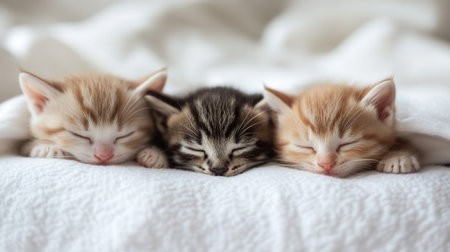 Cute little kittens sleeping on white bed. Shallow depth of field.の素材