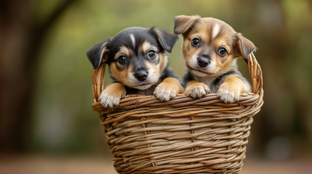 Two cute puppies in a basket on a nature background. Little puppiesの素材